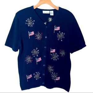 Perfect for July 4th. Embroidered flags and beaded flowers cardigan.Size Medium